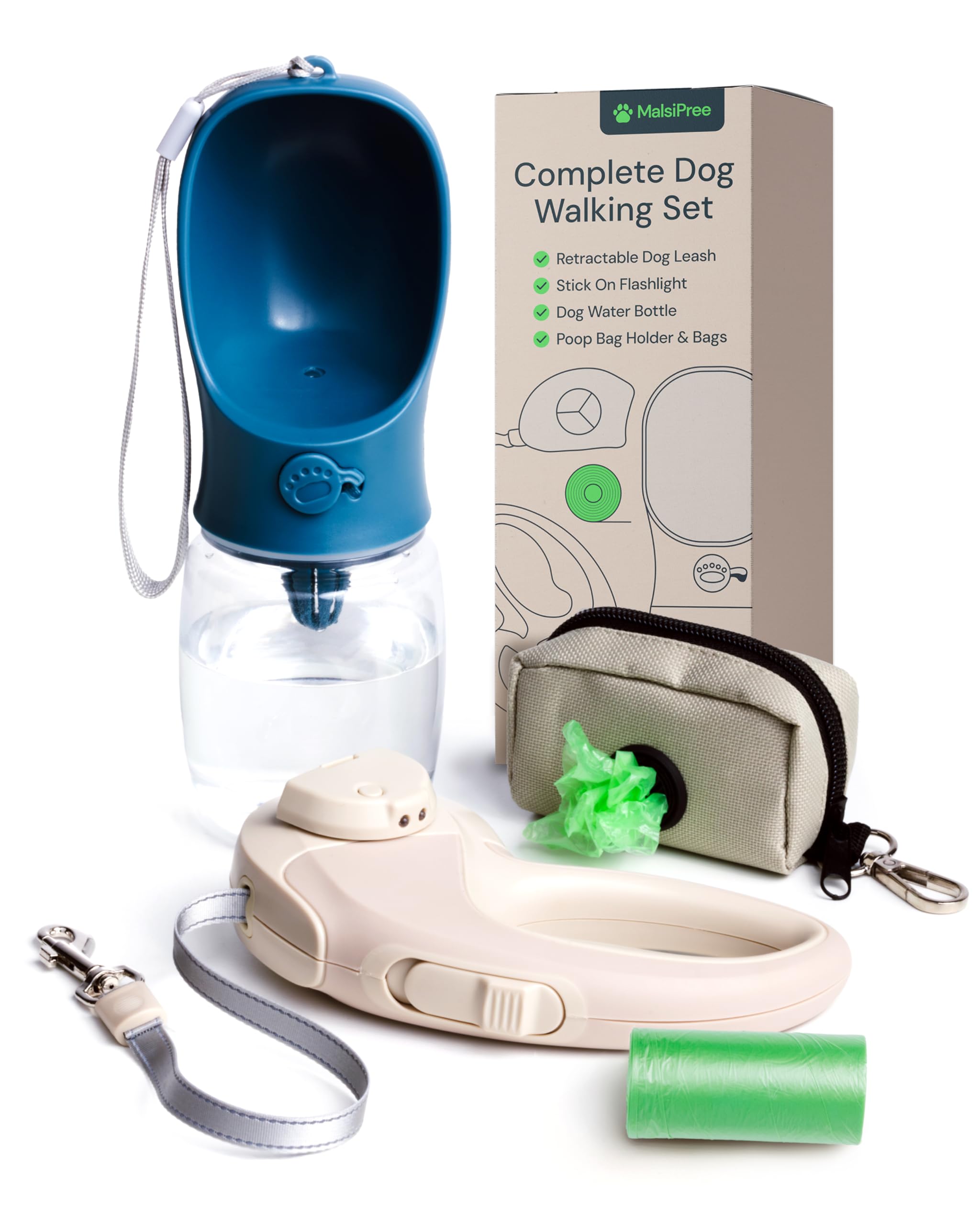 MalsiPree Walking Set with Retractable Dog Leash, Poop Bag Holder, Leak Proof 12 Oz Dog Water Bottle, Flashlight & 20 Poop Bags - 9.8ft Leash Retractable for Small to Medium Pet (Sand & Teal, 12 Oz)