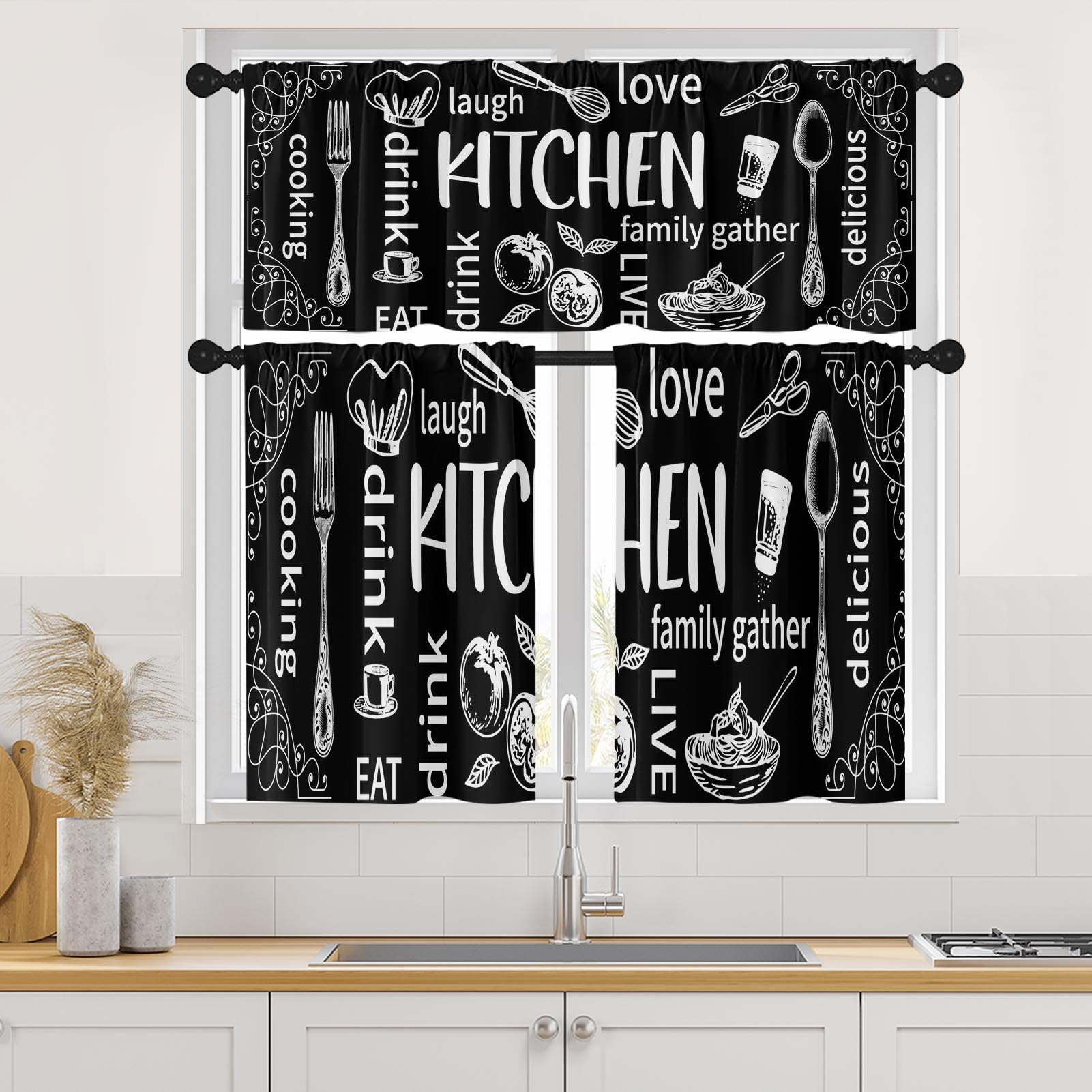 Amazon.com: Arttown Black Kitchen Curtains Modern Window Curtains ...