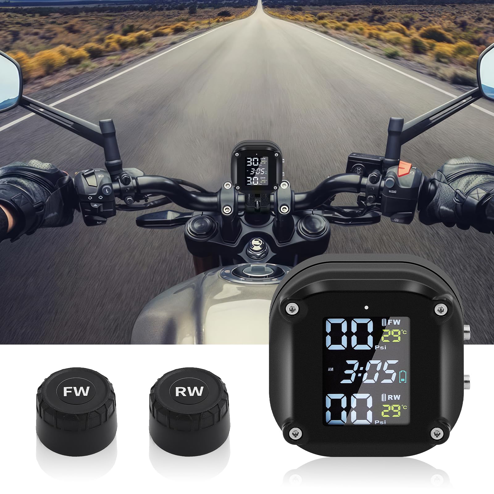 KAOLALI Motorcycle TPMS Système de Surveillance de la Pression des pneus sans Fil pour Moto chargeable par et USB Moto TPMS avec 2 capteurs externes Affichage LCD numérique TPMS pour Moto à Deux Roues