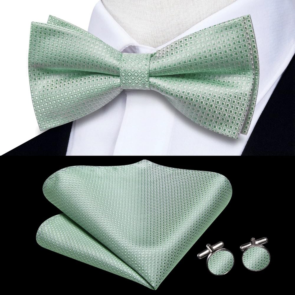 JFDBGU Hankerchief Cufflink Pre-tied Silk Knot Bowtie for Male Business Party Solid Bow Tie