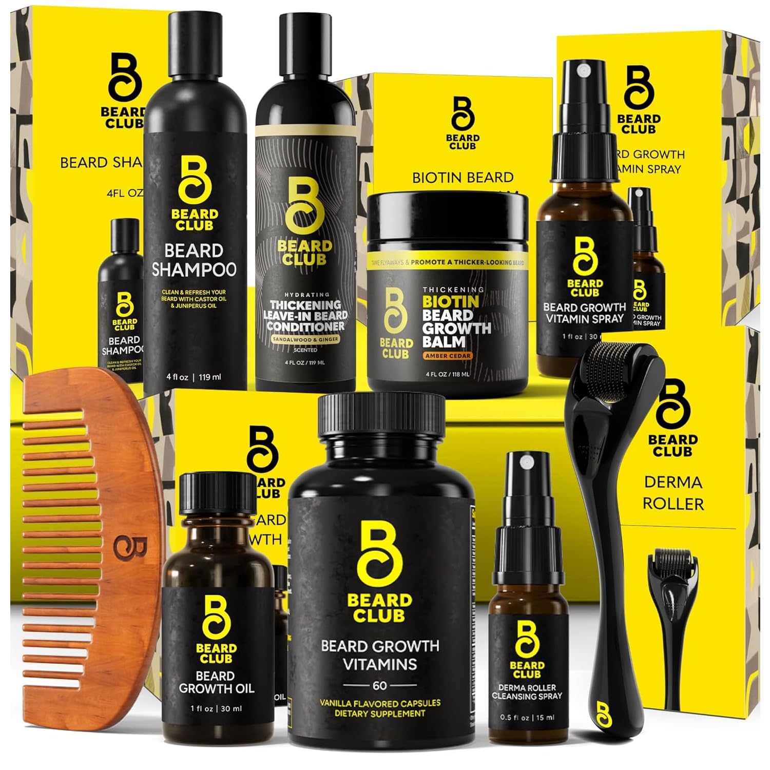 The Beard Club Supreme Beard Growth Kit - Derma Roller, Growth Oil, Vitamins, Vitamin Spray, Biotin Balm, Thickening Conditioner, Shampoo, Comb & Cleansing Spray - Gift Set