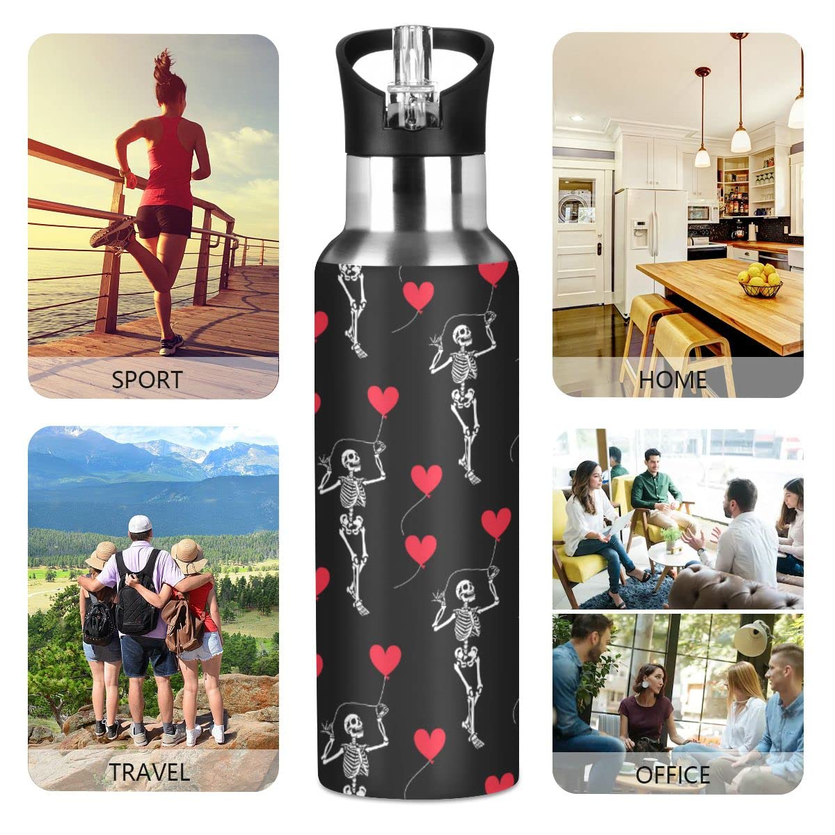 Edelstahl Wasserflasche mit Strohhalm, romantischer Totenkopf Gothic Isolierte Trinkflasche Sport Wasserflasche für Kinder Erwachsene, auslaufsicher, 1L