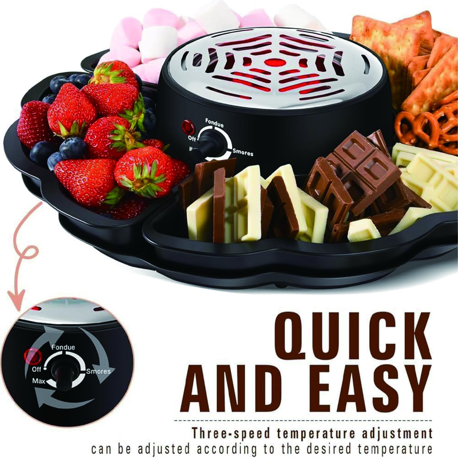 Set 2-en-1 S'Mores & Fondue de Chocolate – Tostador Eléctrico de Malvaviscos de 280W con Control de Temperatura & 14 Accesorios, Kit Indoor para S'Mores para Fiestas, Noches de Cine & Regalos