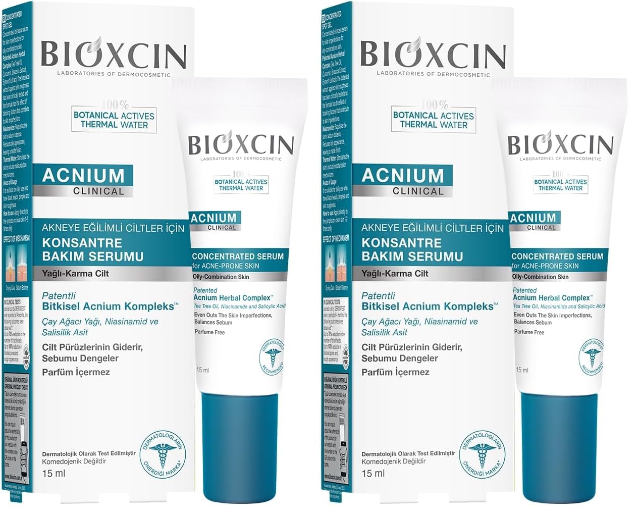 Bioxcin Acnium Konsantre Bakım Serumu 15 ml – Akneye Eğilimli Ciltler İçin Sebum Dengeleyici ve Nemlendirici Serum (2 paketi)