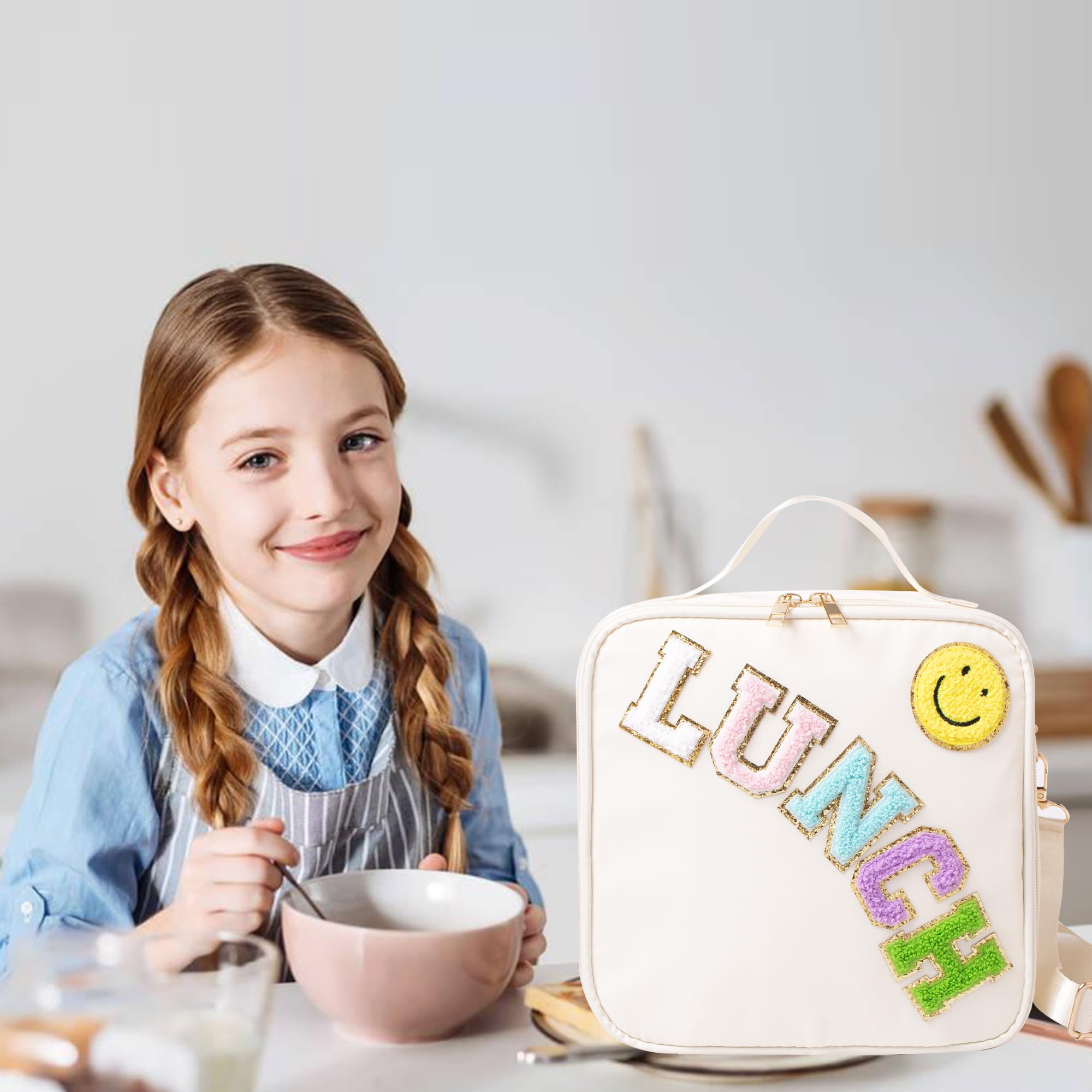 Gardsell Lunch Box for Women Girl Large Insulated Lunch Bag, Kids Lunch Bag Personalized Preppy Lunch Box for Girls Adults with Adjustable Shoulder LunchBag for Girls School Travel Picnic (Beige)