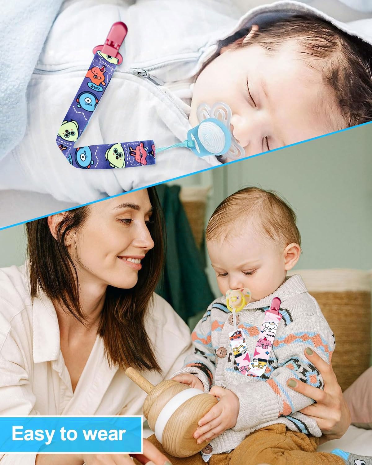 LEEQBCR 4 Pcs Chupetero de clip para Bebé,Ajustable Cadena para Chupete Bebe,Cadena de Chupetes para niños y niñas,Diseño de Una Pieza,Sin BPA,Protege a tu bebe - 5
