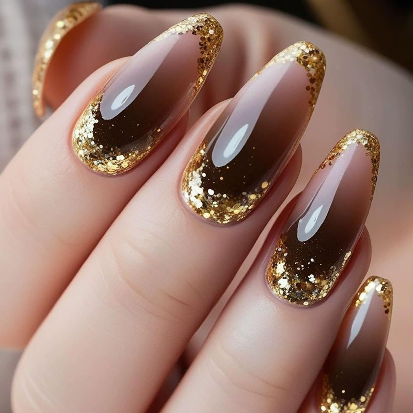 Almond Shape Press on Nails Medium Fake Nails Brown Glitter False Nails with Gradient Designs Full Cover Acrylic Nails for Women 24Pcs
