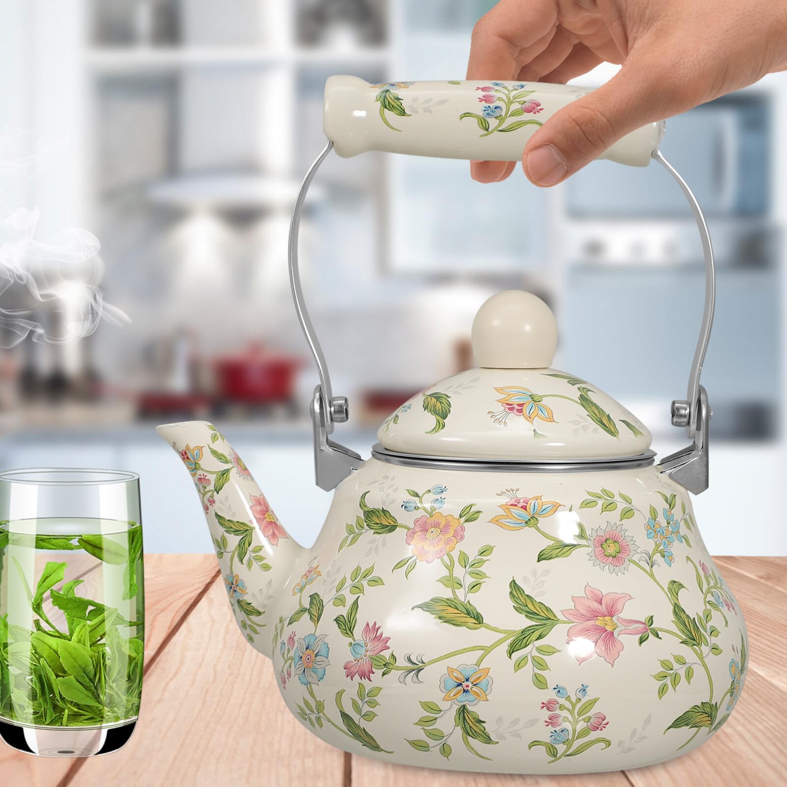 BESTonZON Ceramica Smaltata Motivo Floreale Teiera con Colino Per La Stufa Teiera in Porcellana Smaltata 2 L, Bollitore smaltato bollitore sul fornello fioritura arredamento