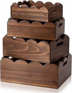 Beeveer 4 Pcs Scalloped Baskets with Handle 4 Size Wooden Countertop Storage Box Multipurpose Fruit Vegetable Crate Rectangular Decorative Serving Tray Organizer for Kitchen Bathroom Home Decor(Brown)