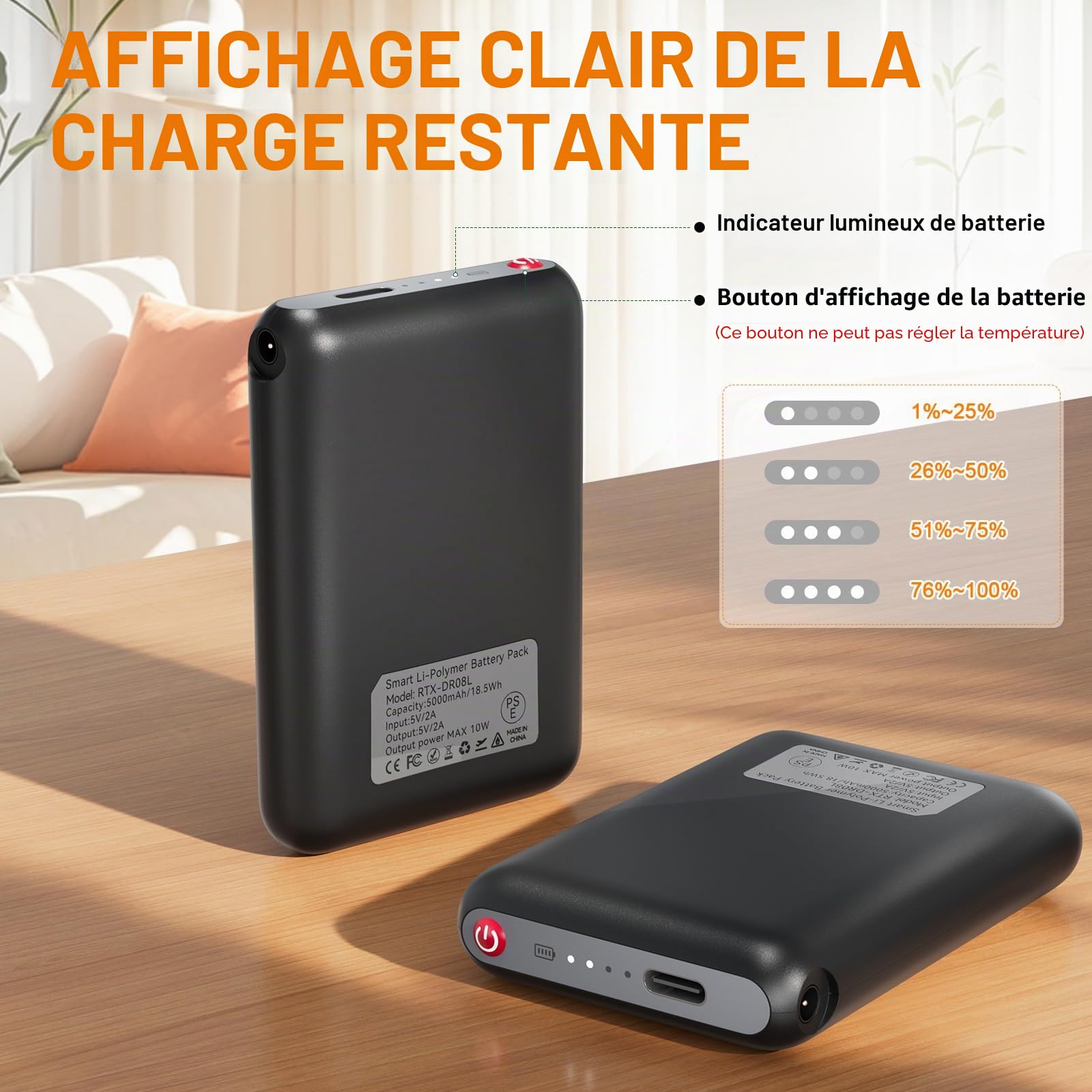 Batterie rechargeable Li-polymère 5 V 5000 mAh, chaussettes chauffantes rallongent les piles, sortie DC 3,5 × 1,35 mm, batterie de rechange pour pantoufles, gants, chapeaux - Ne prend pas en