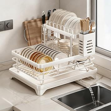 2-Tier Dish Drying Rack for Kitchen Counter, Multifunctional Dish Drying Rack with Removable Drip Tray/Utensil, Space-Saving Organizer for Plates, Bowls, PansWhite