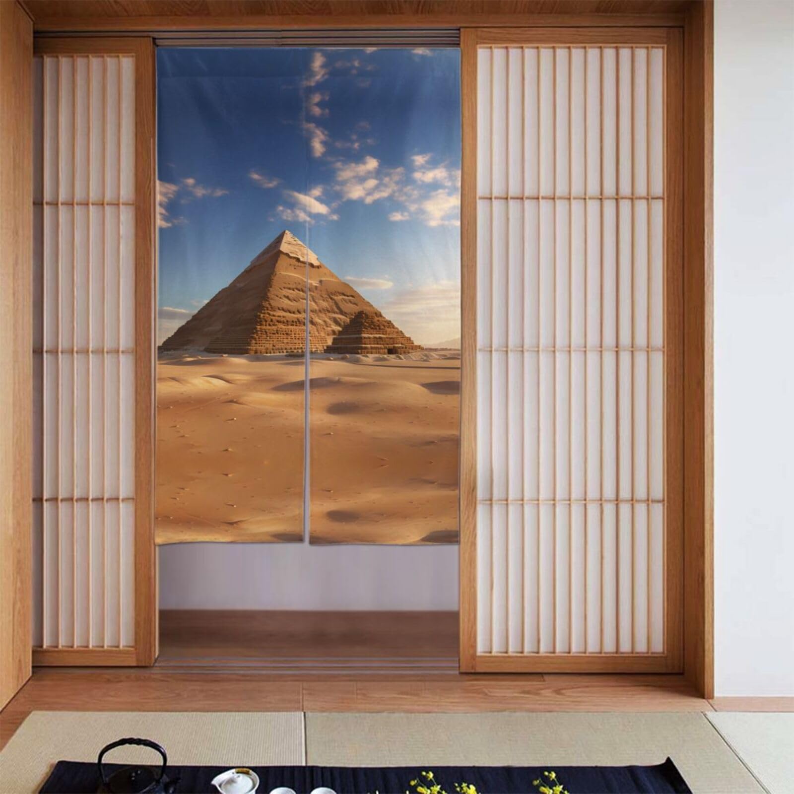 Rideaux égyptiens de porte pour créer un coin sérénité zen entre le salon et la chambre