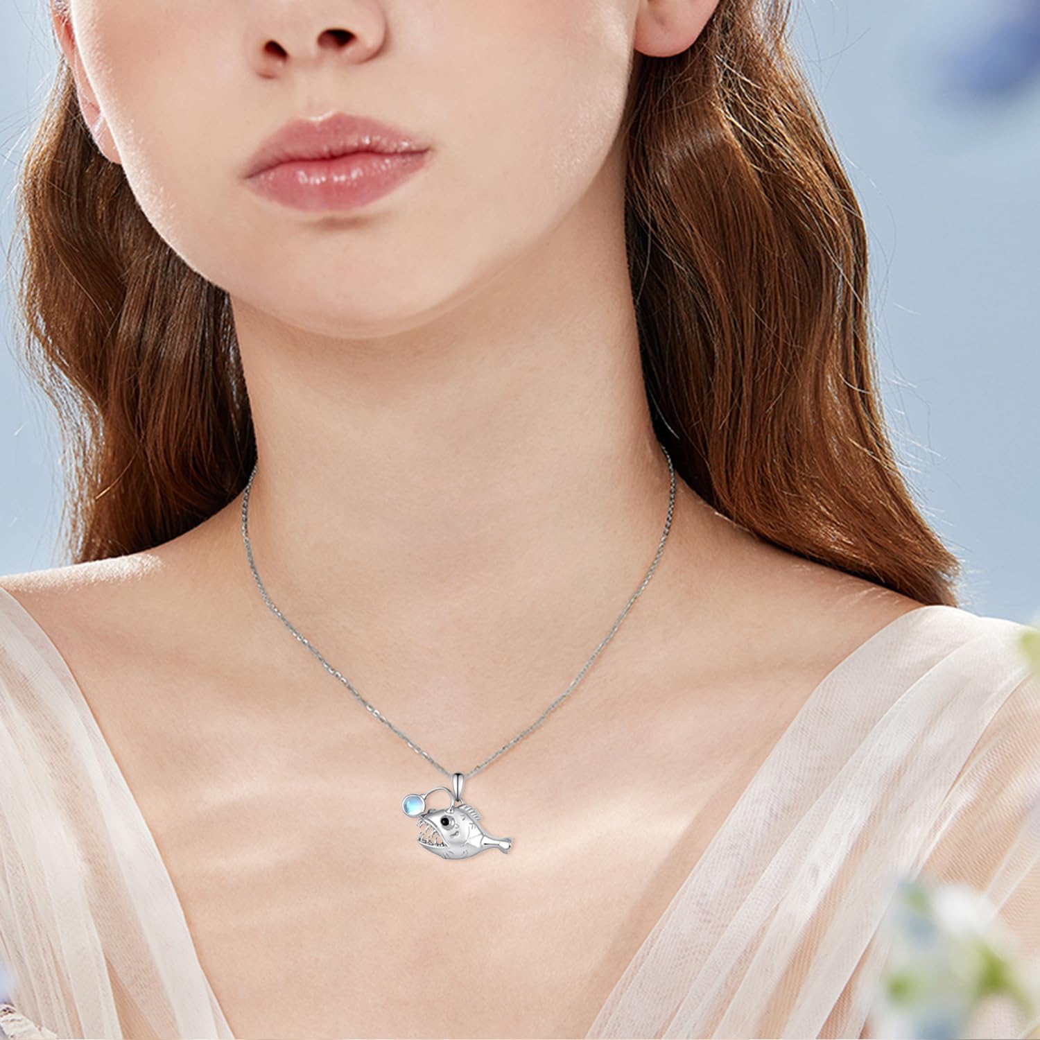 Angler Fish Moonstone Pendant Necklace 925 Sterling Silver Lantern Fish Necklace Angler Fish Jewelry Gifts for Women