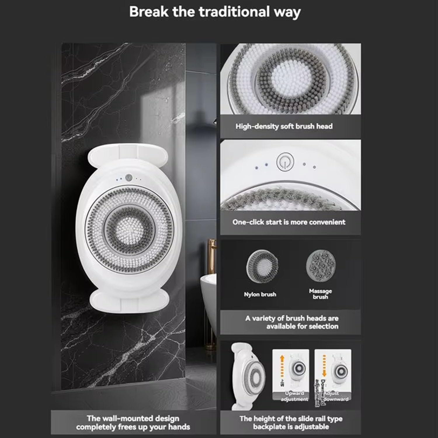 Cepillo de baño eléctrico inteligente montaje en pared artefacto para frotar la espalda altura ajustable con giratorio 360 herramienta recargable limpieza masaje y exfoliación spa casa