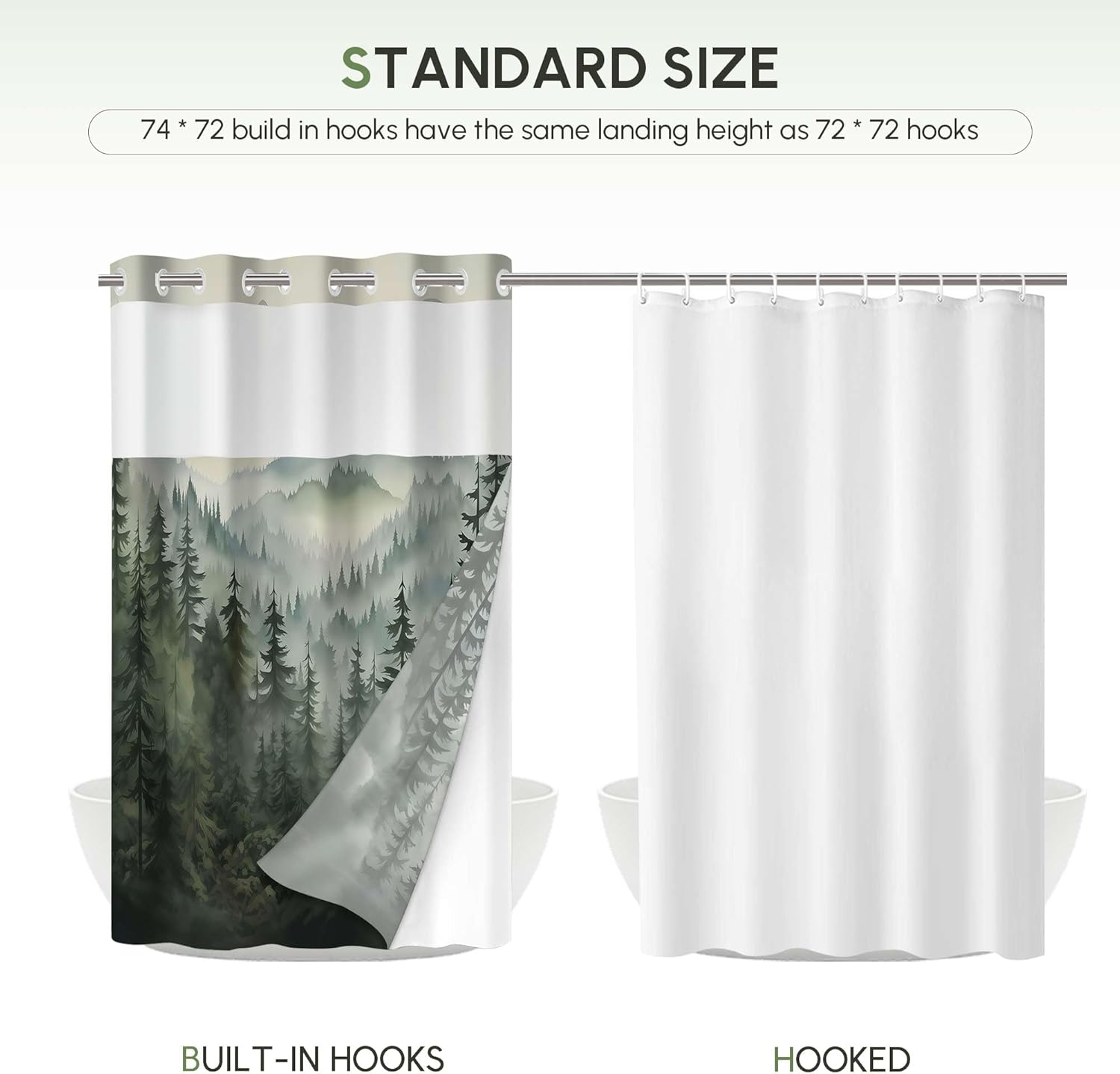 WELTRXE No Hook Shower Curtain, Dark Green Forest Mountain Shower Curtains for Bathroom Rustic Woodland Pine Tree Landscape Bath Decor Sets, Waterproof Polyester Fabric with Lined, Machine, 72x74