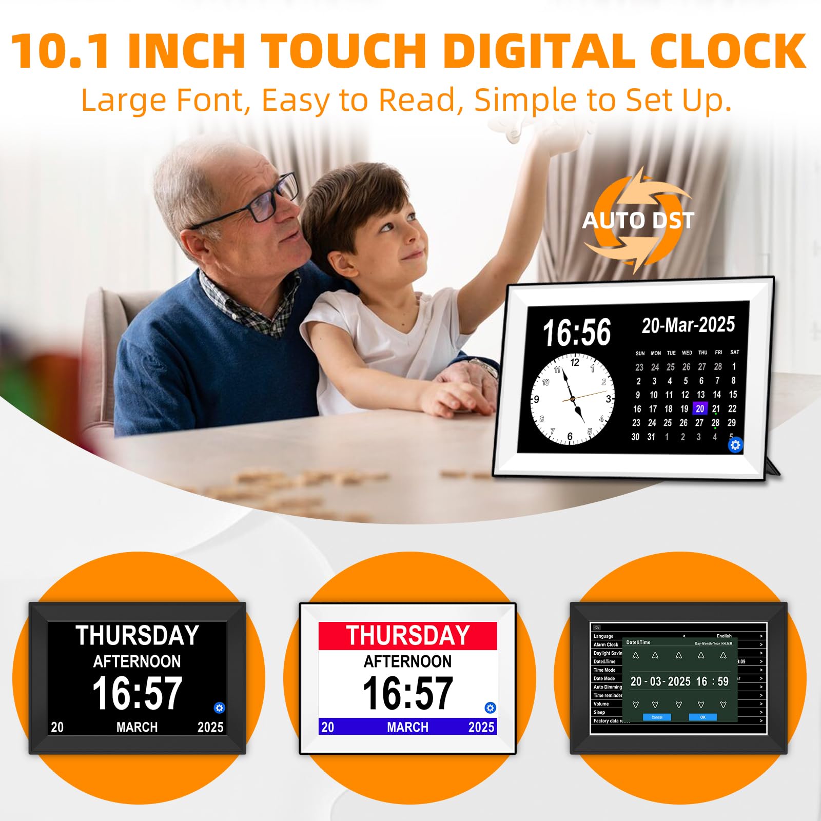 Reloj despertador digital con pantalla táctil de 10.1 pulgadas, relojes de demencia para personas mayores, reloj de pantalla extra grande con día y fecha para ancianos, 40 recordatorios, 64