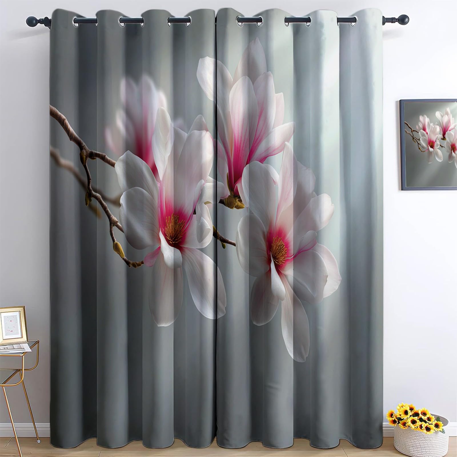 Générique Szara zasłona zaciemniająca do salonu 140 x 260 cm Magnolia Roślina 3D Drukowanie Termiczne Zasłony Izolowane Zimno Poliester Zestaw 2 zasłon okiennych do pokoju dziecięcego Dekoracja kuchni