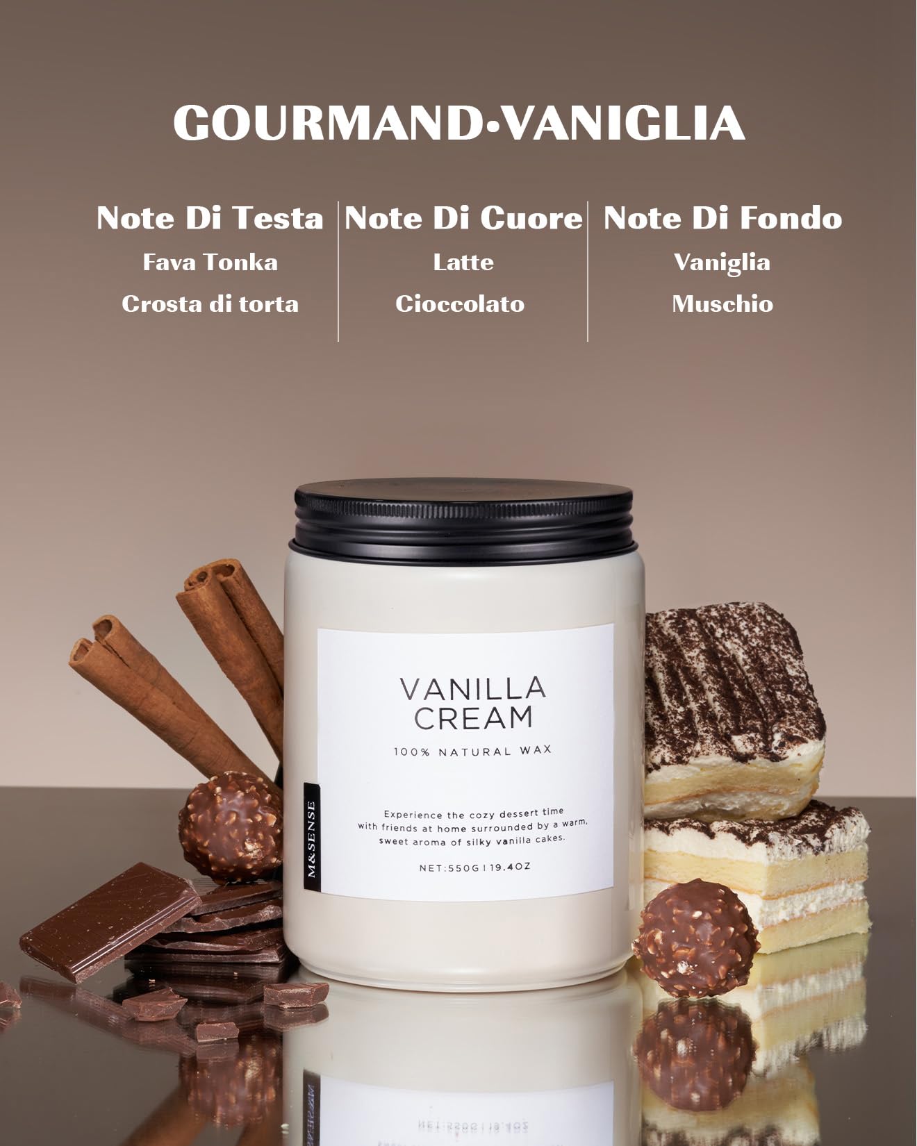 M&SENSE Candele profumate di Crema alla vaniglia, candela media, candela profumata per aromaterapia rilassante, regalo di inaugurazione per donne e uomini, a 2 stoppini da 550g, Durata Fino a 110 Ore