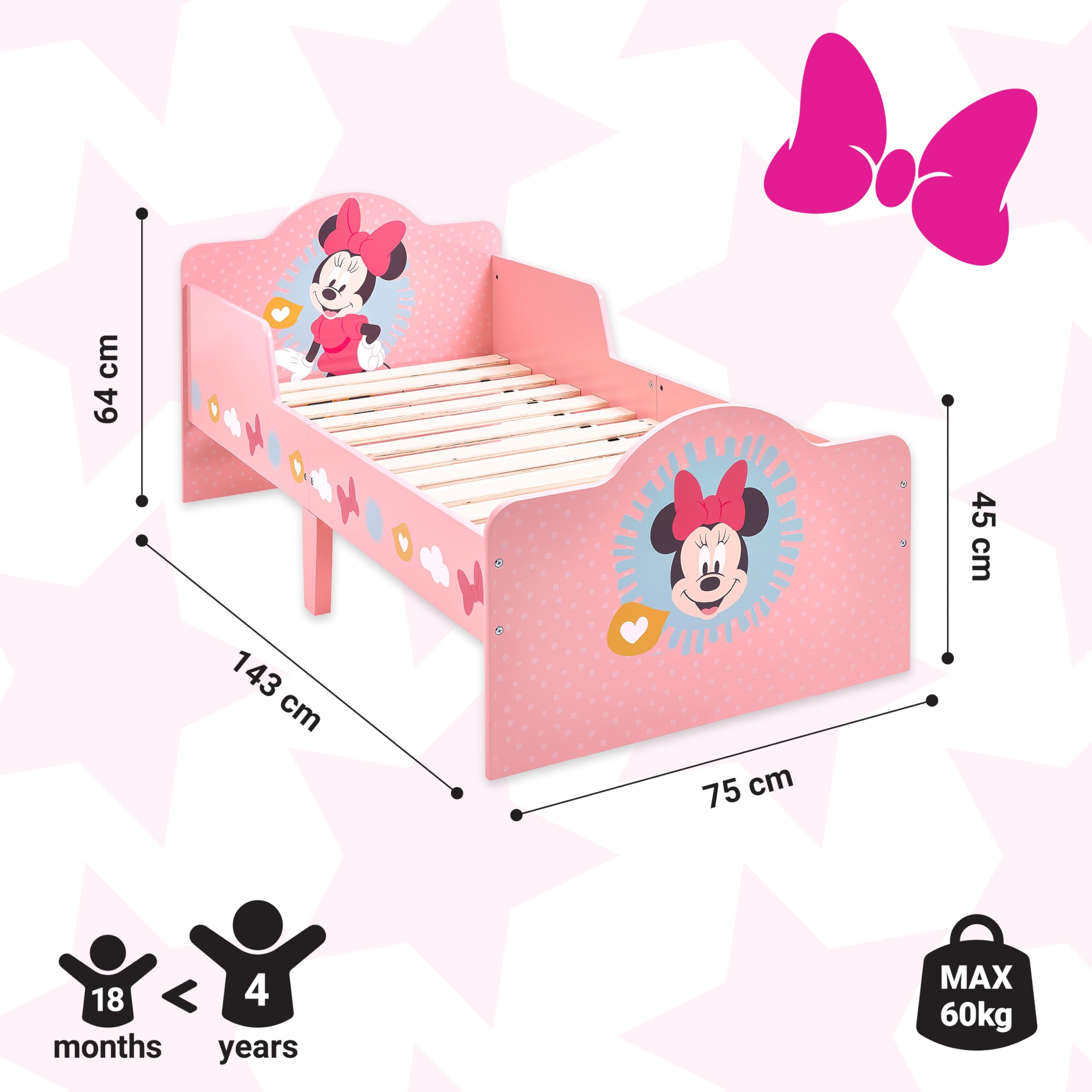 Disney Classic Minnie Maus Kleinkindbett, stabile Holzwerkstoff-Konstruktion, geschützte Seiten, Holzlatten, passend für 140 x 70 cm große Matratze (Matratze nicht im Lieferumfang enthalten)