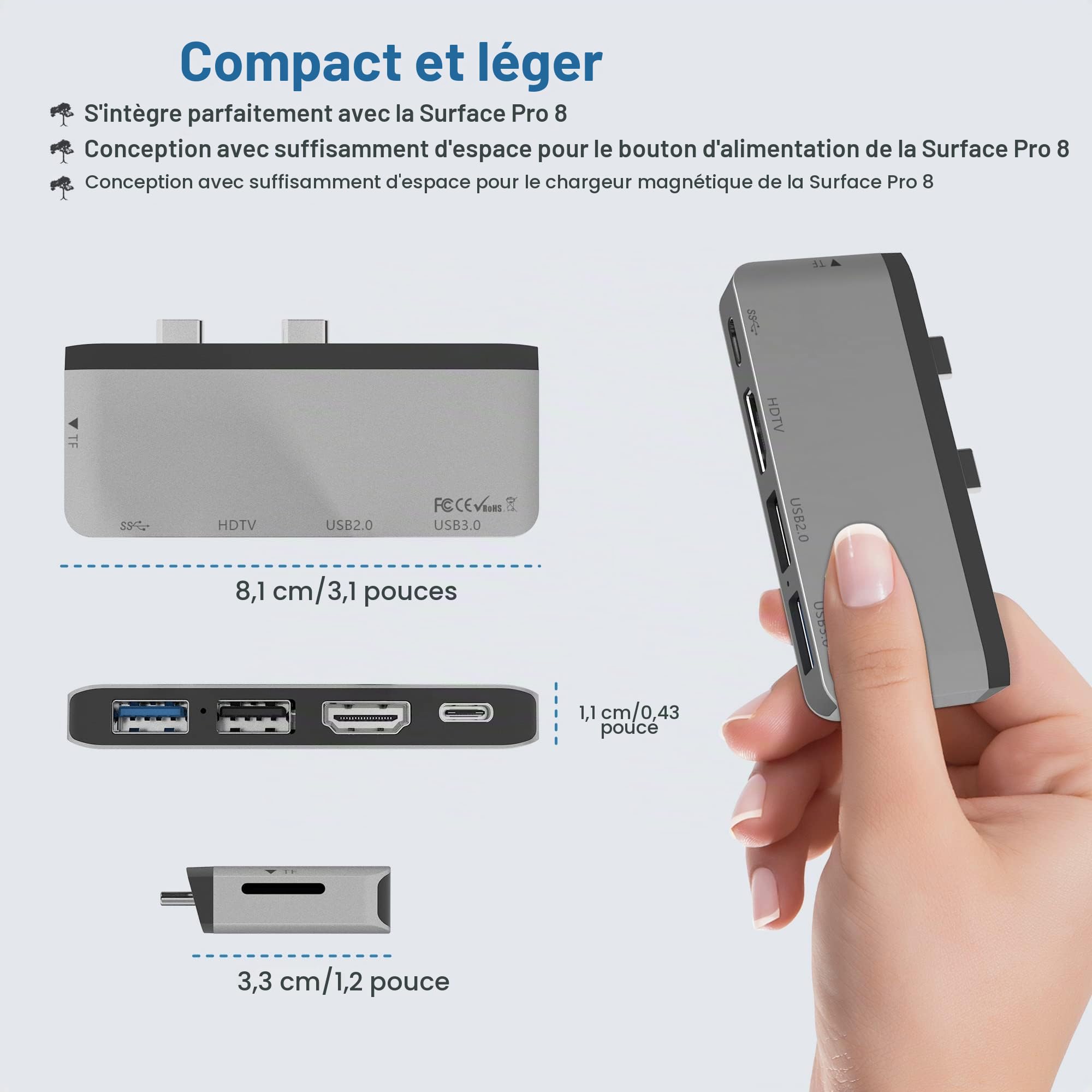 Surface Pro 8 USB C Hub Adaptateur avec 4K HDMI, USB-C Thunderbolt 4 (Display+PD Charging+Data), USB 3.0, USB 2.0, TF Card Slot, Docking Station Dual Monitor (HDMI+USB C) pour Surface Pro 8
