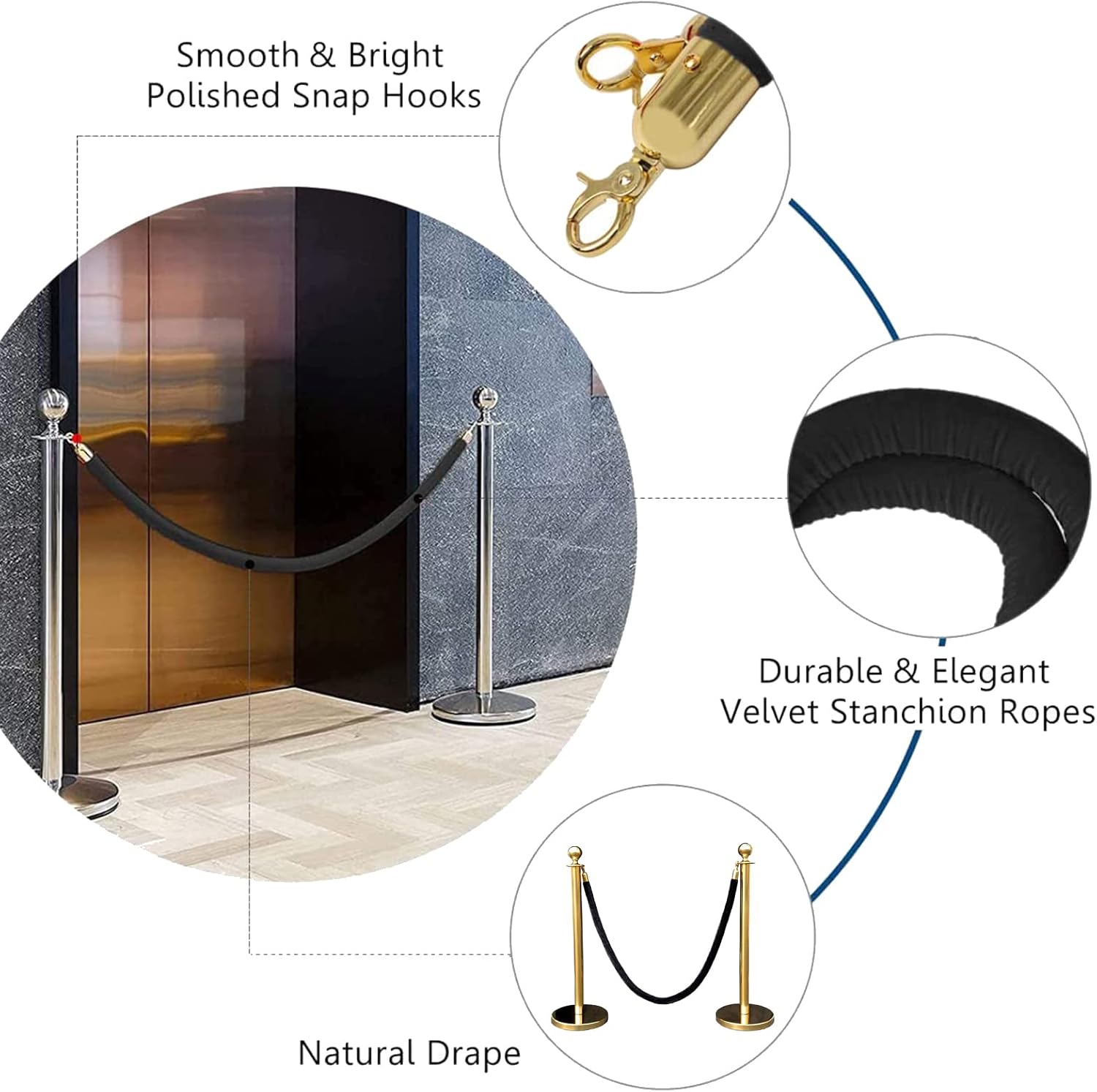 2 Pack Black Velvet Stanchion Rope with Gold Hooks, Crowd Control Rope Safety Barrier Red Carpet Decoration, 5 Feet