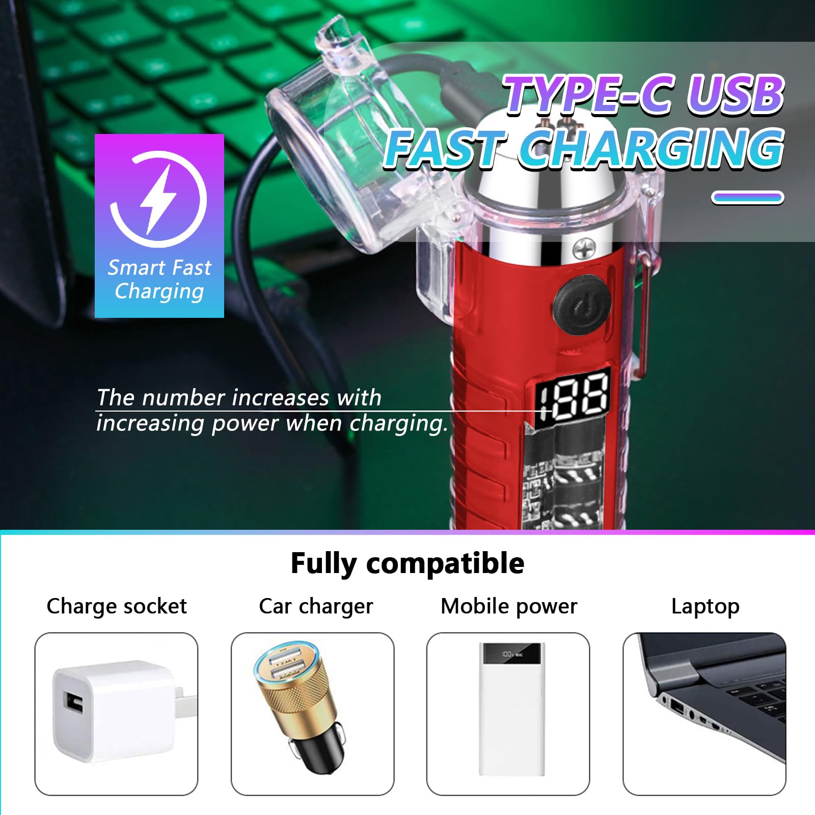 BABOBIU Briquet électrique frais, coupe-vent, étanche, sans flamme, plasma avec affichage LED et lampe de poche pour sortir, randonnée, camping, aventure (rouge)