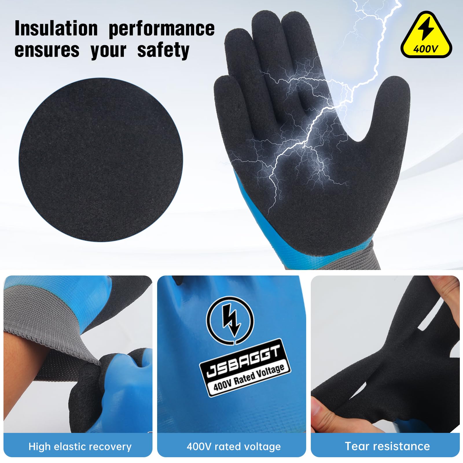 Guantes aislados para electricista de 400 V, resistentes a alto voltaje, ignífugos, totalmente impermeables y microespuma, agarre antideslizante mejorado para trabajo eléctrico (azul, 1