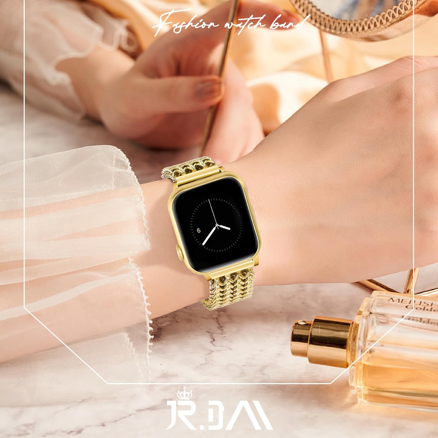 JR.DM Gold Bracelet Band for Women Compatible with Apple Watch 38mm 40mm 41mm 42mm (S10/11) Designer Stainless Steel Metal Chain Dressy Strap for iWatch Series 11/10/9/8/7/6/5/4/SE/3/2/1