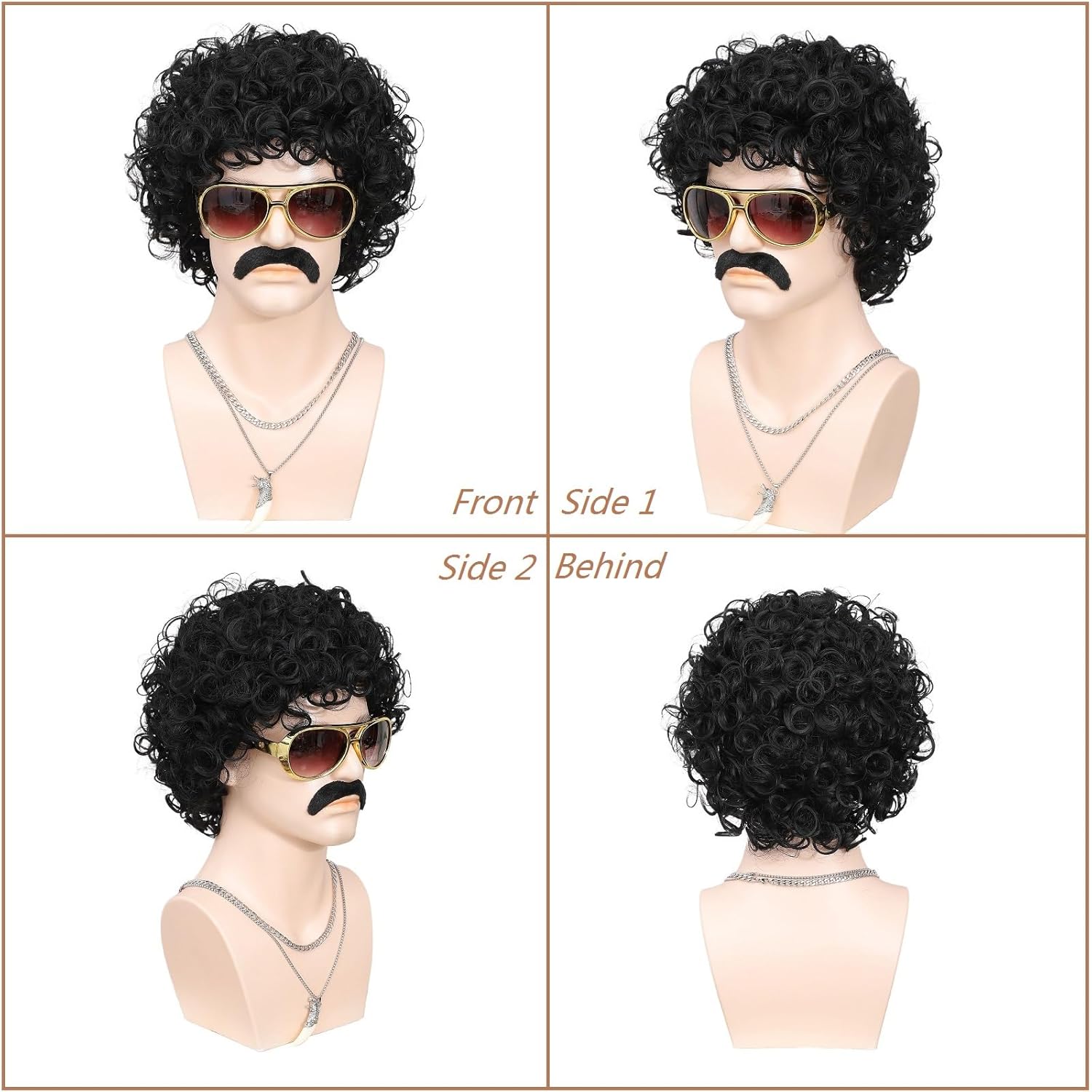 70s 80s Disco Wig 6pcs Set Short Afro Curly Wigs for Retro Disco Outfit Men Party Hippies Rocker Cosplay Costume (Black) - Image 4