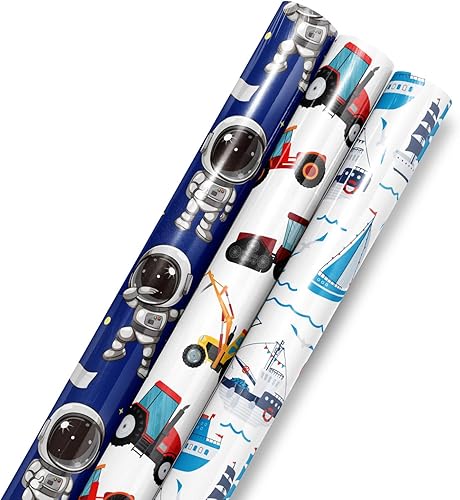 Rollo de papel de regalo, 17 x 120 pulgadas por rollo, mini rollo de papel de regalo para automóvil náutico de astronauta, 3 diseños diferentes,
