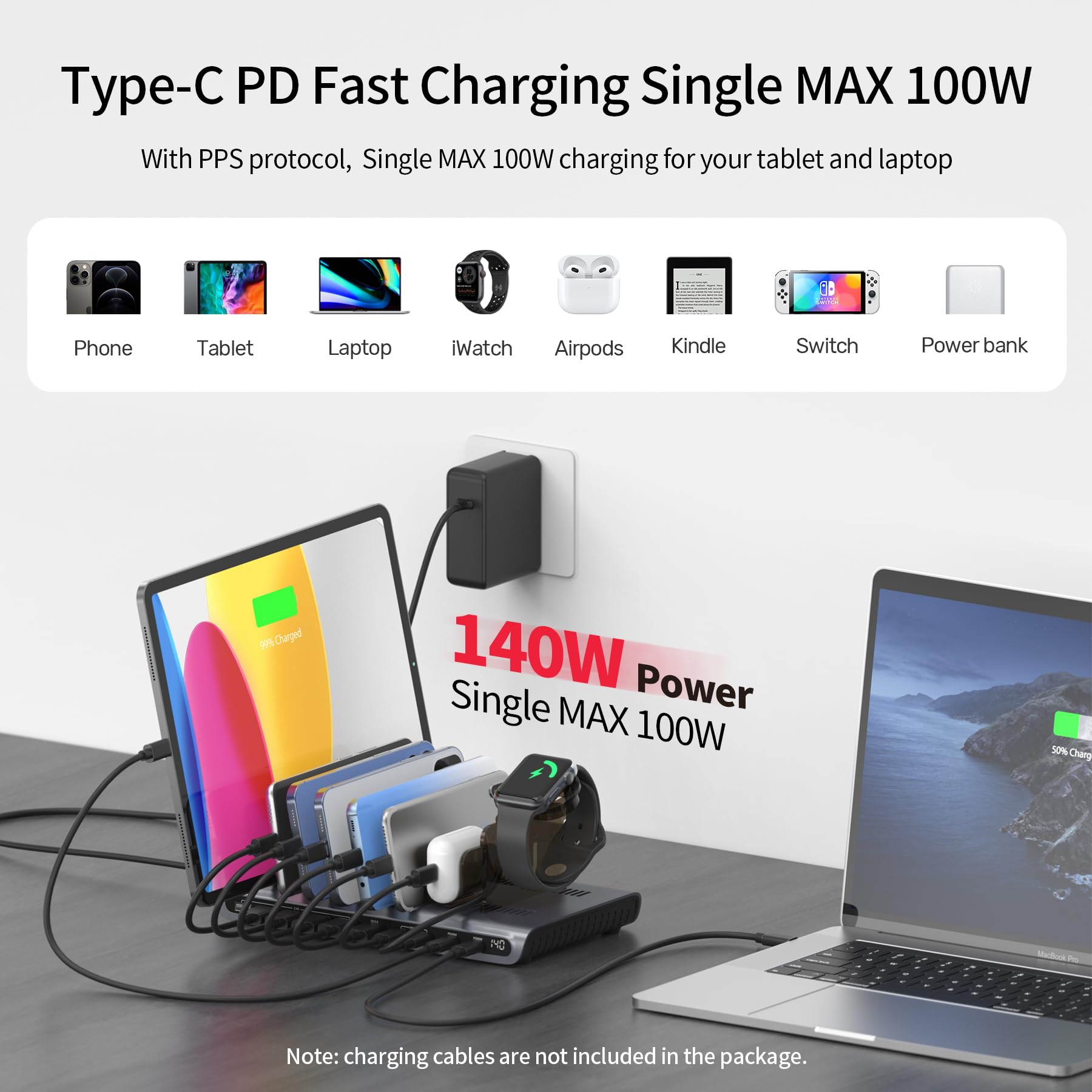 Unitek Stazione di ricarica per più dispositivi, 140 W, USB C, supporto di ricarica rapida con display digitale per laptop, iPad, iPhone, dock di ricarica con smartwatch e supporto per Airpods