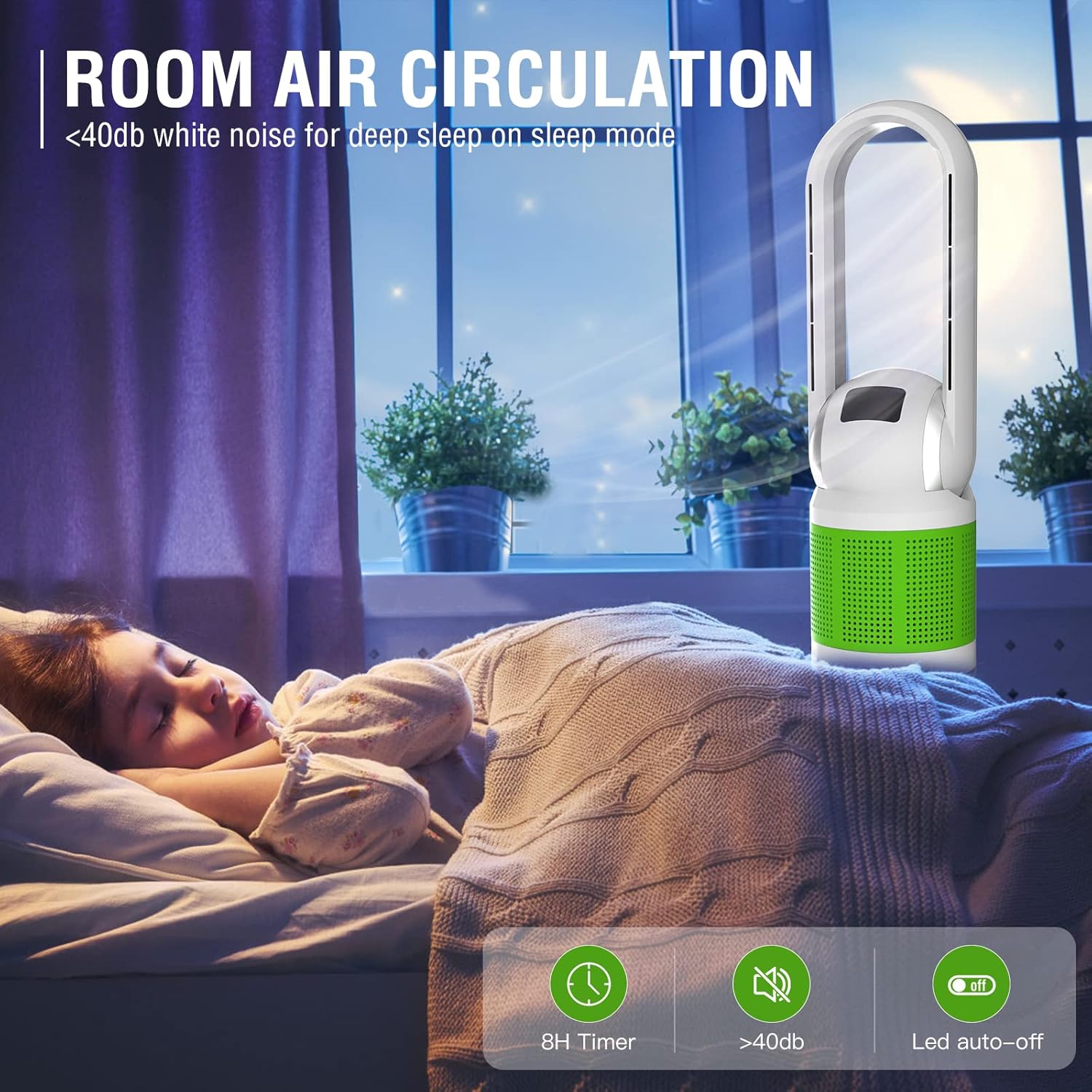 Bladeless Fan and Air Purifier in One, H12 HEPA Filter Capture 99.95% 0f 0.3 Micron Particles, Tower Fan for Bedroom, White