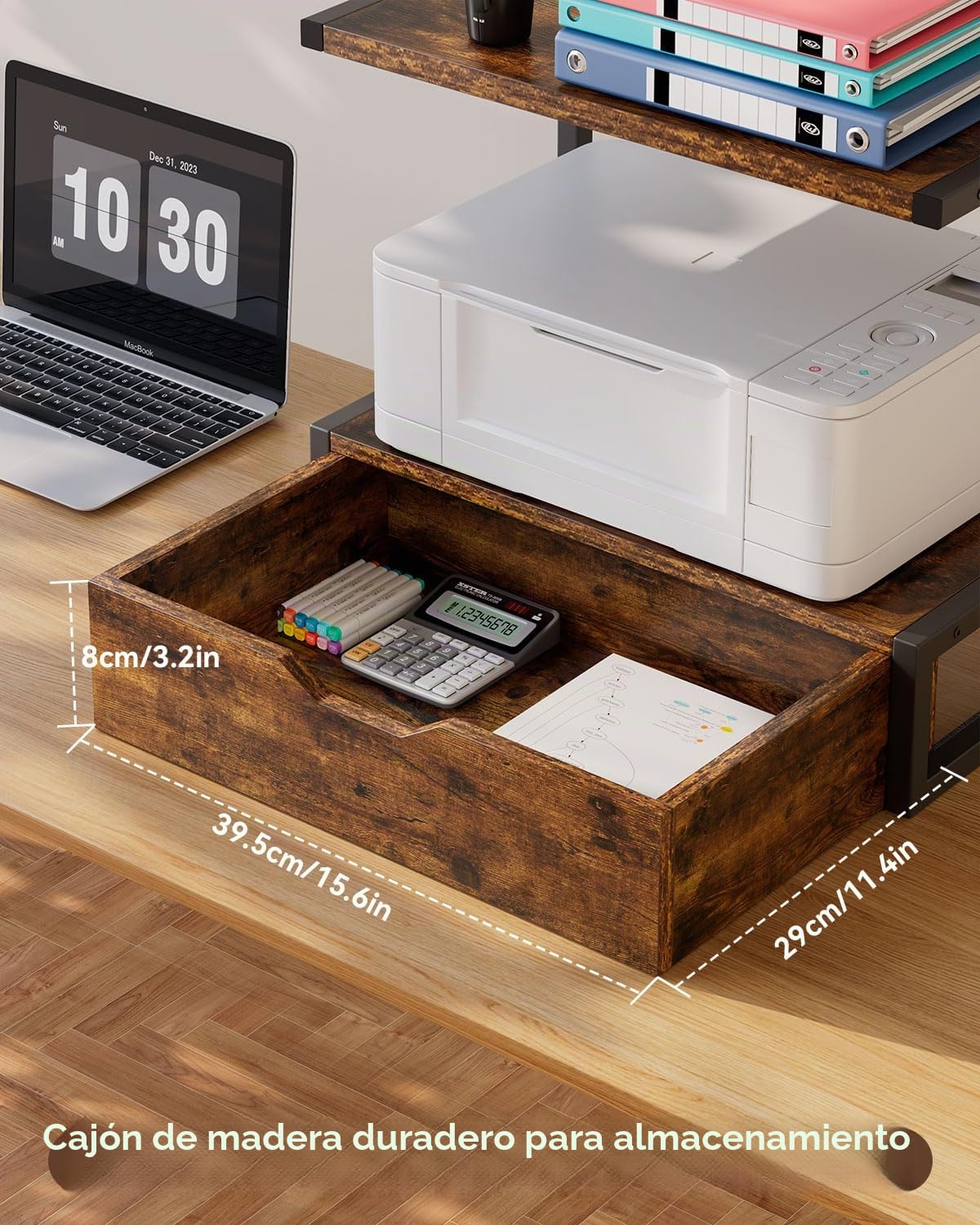 IBUYKE Soporte para impresora de escritorio multifunción, mesa con estante de almacenamiento, organizador para carpetas y libros, compatible con fax y escáner