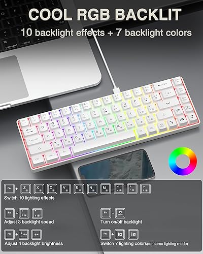 Miniatura 3 de Teclado 60%, teclado para juegos retroiluminado RGB con cable USB-C, portátil de 68 teclas, mini teclado compacto para viajes de negocios, oficina,