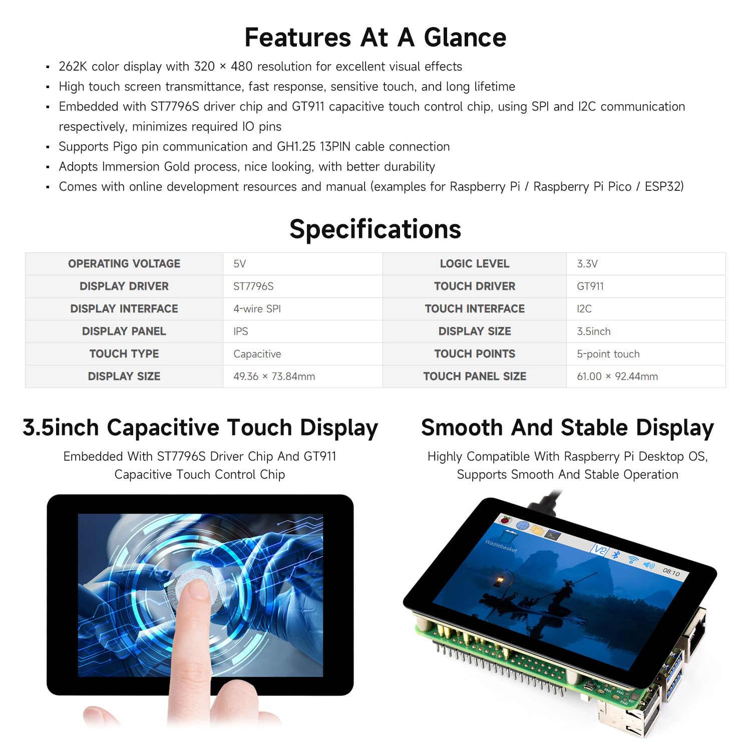 Waveshare 3.5inch Capacitive Touch Display (F) For Raspberry Pi, IPS Panel, 320x480 Resolution, 5-Point Touch, Immersion Gold Process, Toughened Glass Panel