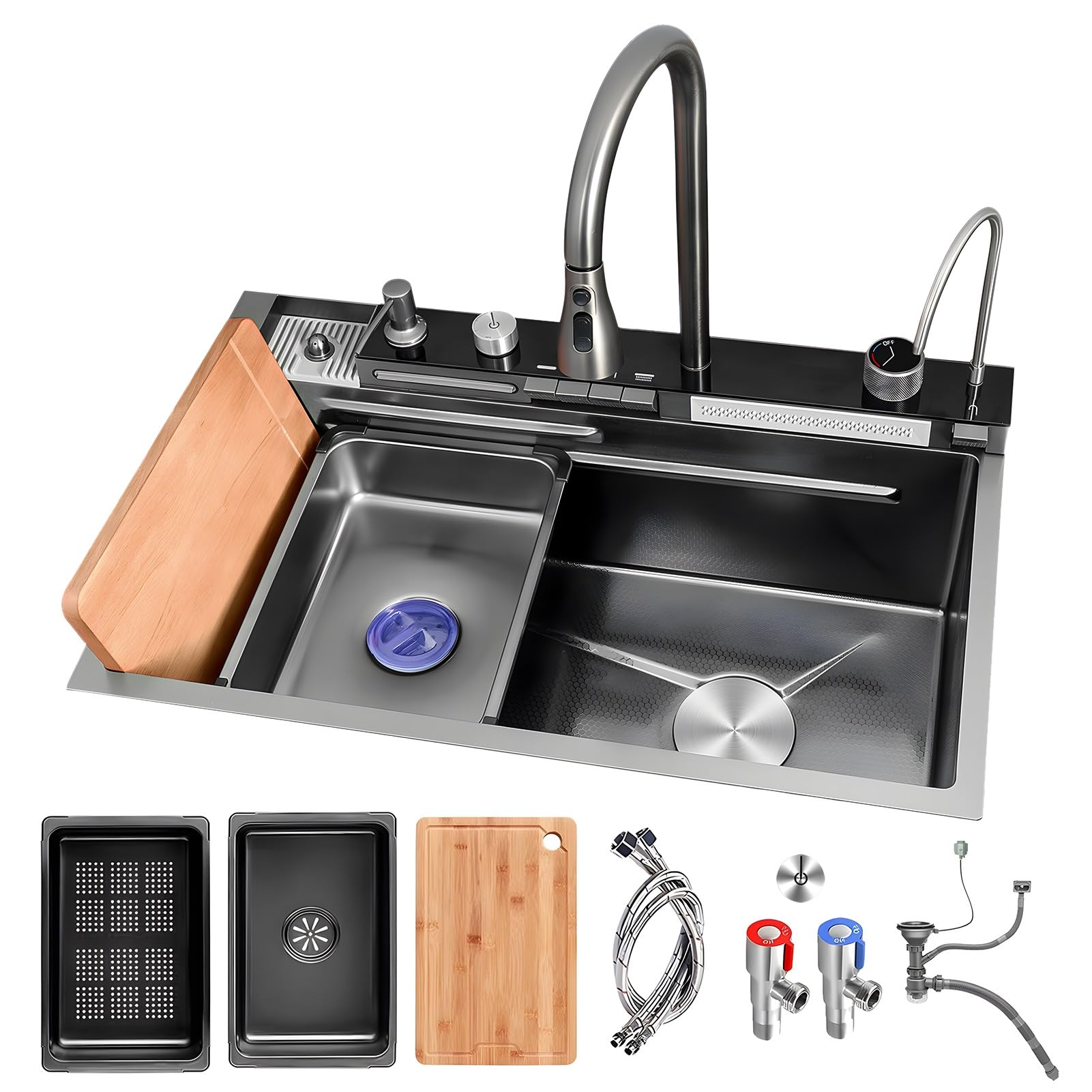 ZQFHSX Waterfall Kitchen Sink with Faucet Combo, Drop in Smart Workstation Sink, Multifunctional Single Bowl Bar Stainless Steel Farmhouse Cup Washer, Drain(75x46x22cm)