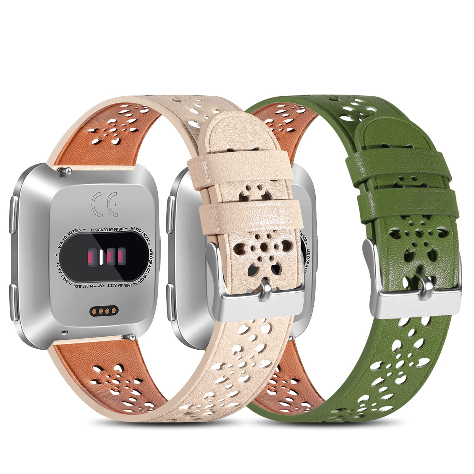 Leather Band Compatible with Fitbit Versa 2 Bands/Fitbit Versa Band/Fitbit Versa SE/Versa Lite Fitness Smart Watch Wristbands for Women Men, Hollow-Out Lace Design Soft Leather Replacement Strap