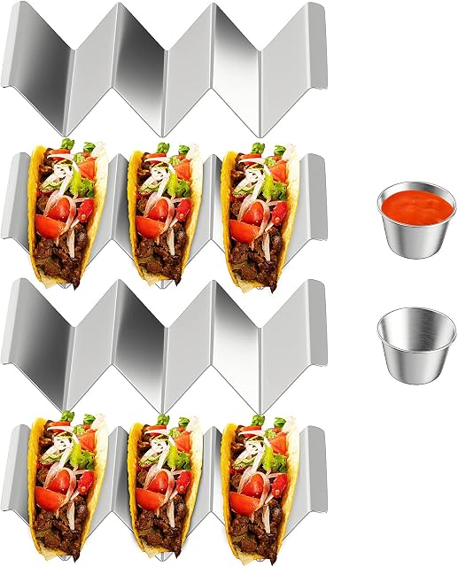 Taco Holder Stands Stainless Steel Set of 4, Taco Rack Shell with Handles, Taco Rack Holds Up to 3 Tacos,Grill and Dishwasher Safe