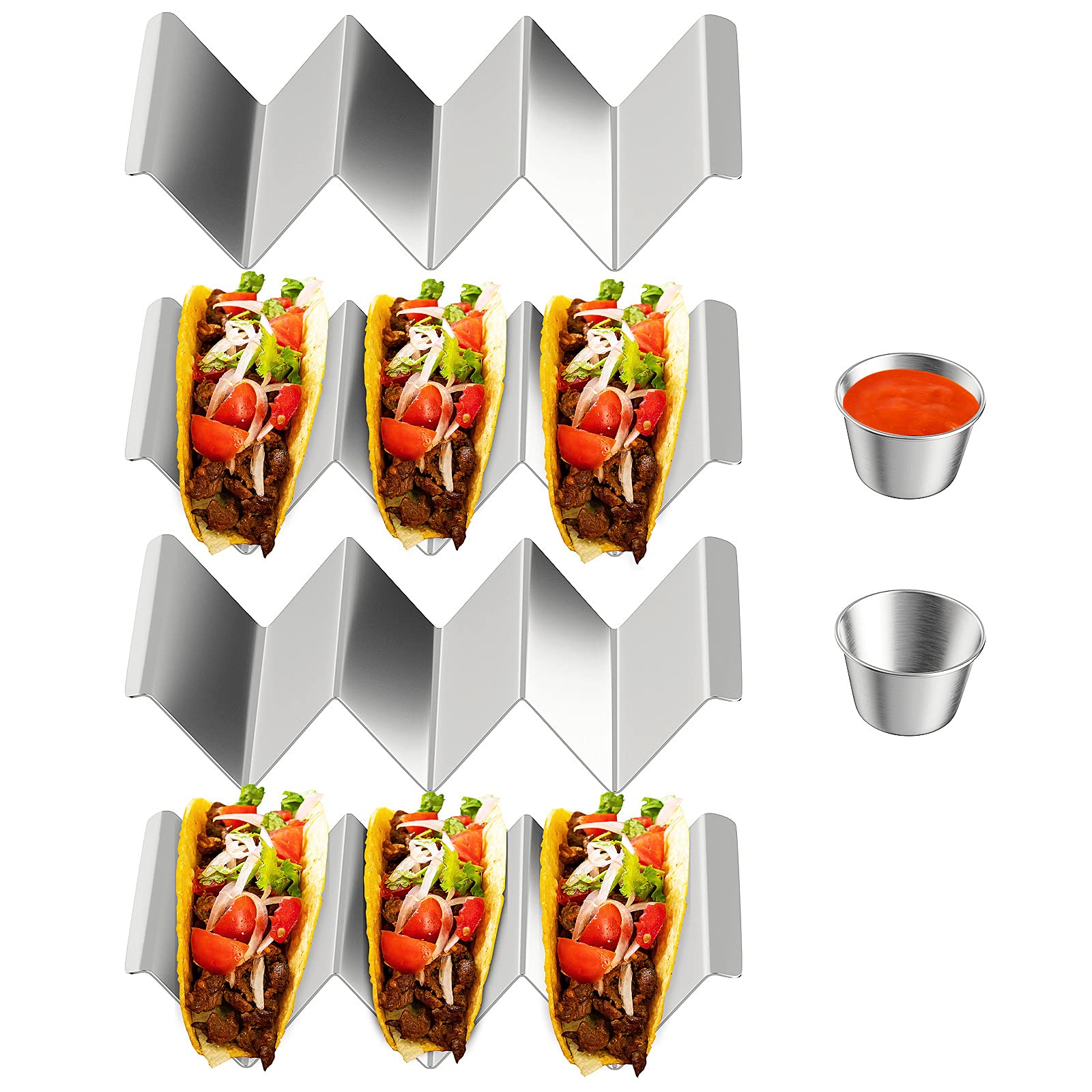 Supporto per tacos Set di 4 in acciaio inossidabile, porta taco con manici, porta taco può contenere fino a 3 tacos, griglia e lavabile in lavastoviglie