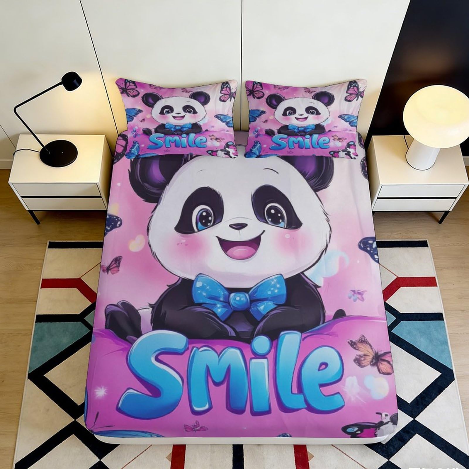 3D Printed Cartoon Panda Fitted Sheet Microfiber Pink Smile Butterfly Mattress Cover for Bedroom Guest Room Decor 200x200x25cm