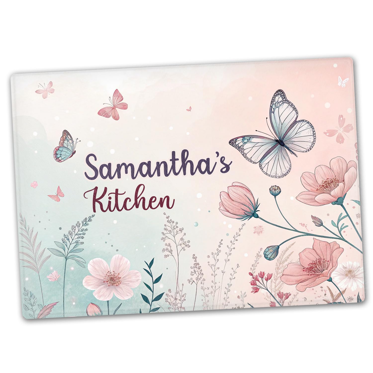 Personalised Glass Chopping Board, Pastel Colours, Pink Flowers and Butterfies, Cutting Board, Kitchen Worktop Saver 40cm x 30cm, Wedding, Anniversary, Housewarming, New Home, Birthday Gift