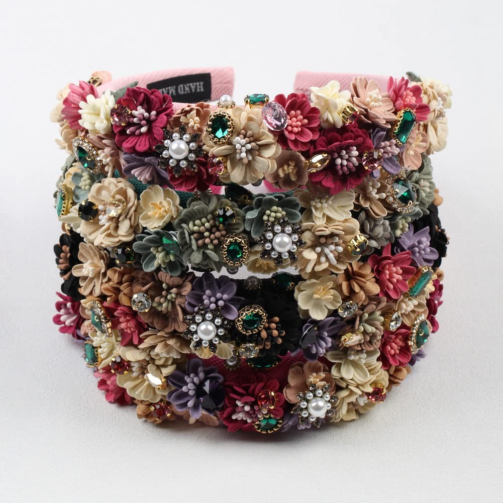 Diademas de esponja de flores de perlas de cobertura completa, cuentas gruesas de piedra de cristal, accesorios para el cabello para mujer, diadema con diamantes de imitación (color negro)