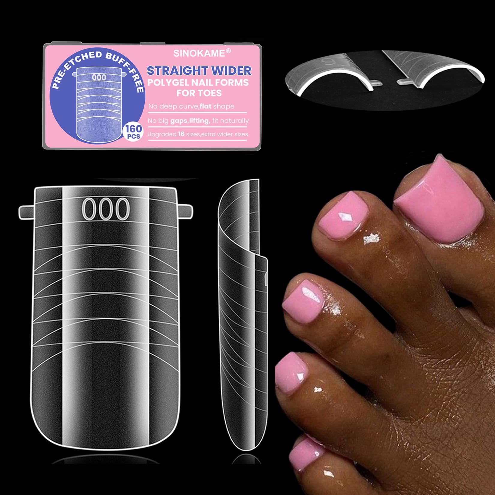 Wide Pre-etched Square Toe Dual Forms for Polygel,SINOKAME Poly Gel Toenail Forms Molds Extension Reusable,No File Needed,16 Sizes (000-13) with