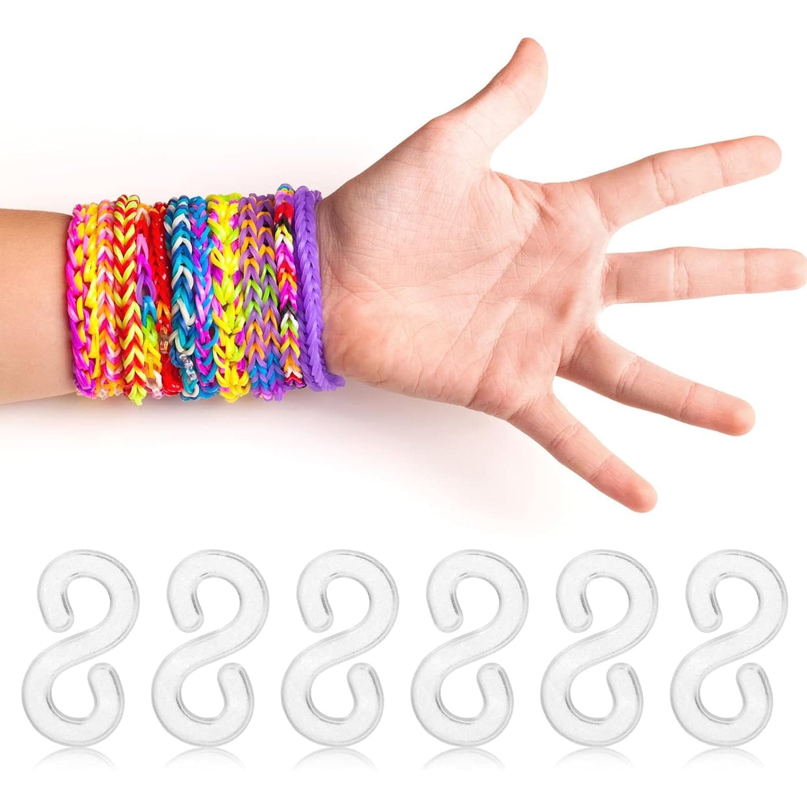 500 stuks S-aansluitklemmen, kleurrijke rubberen clips, S-vulgereedschap, plastic gespen voor het verbinden van Loom Band-armbanden, sieradenaccessoires, transparant