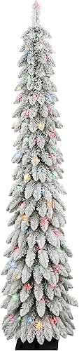 Puleo International - Árbol de lápiz alpino flocado preiluminado de 6 pies, 261 puntas, 100 luces incandescentes multicolor UL