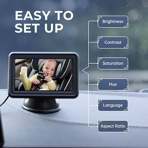 Miniatura 8 de Espejo de coche para bebé con pantalla de función de visión nocturna HD de 4.3 pulgadas, cámara de seguridad para asiento de automóvil para recién