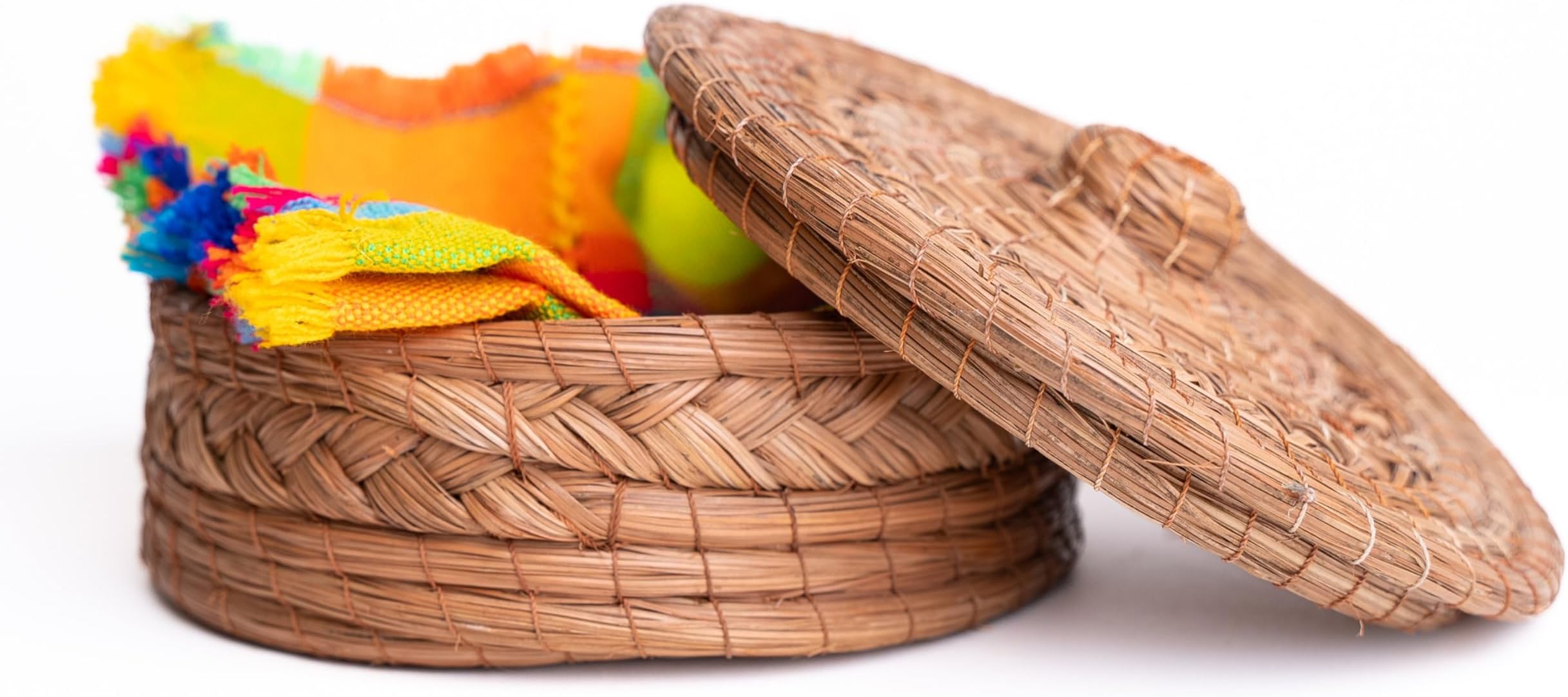 MEXTEQUIL ECONIA - Tortilla Warmer Handwoven with Handloomed Cloth Tortillero Warmer - Tortilla Basket - 100% Pine Needle - Tortilleros mexicanos (Natural Small w cloth)