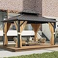 GarveeLife 10x12ft Gazebo, Hardtop Double Roof Canopy with Netting and Curtains, Outdoor Gazebo Galvanized Iron Aluminum Frame Garden Tent for Patio, Backyard, Deck, Lawns (Brown)