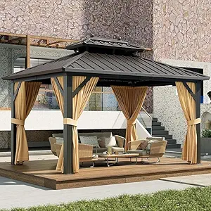 10x12ft Gazebo, Hardtop Double Roof Canopy with Netting and Curtains, Outdoor Gazebo Galvanized Iron Aluminum Frame Garden Tent for Patio, Backyard, Deck, Lawns (Brown)