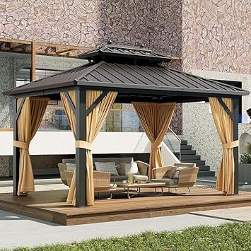 10x12ft Gazebo, Hardtop Double Roof Canopy with Netting and Curtains, Outdoor Gazebo Galvanized Iron Aluminum Frame Garden Tent for Patio, Backyard, Deck, Lawns (Brown)
